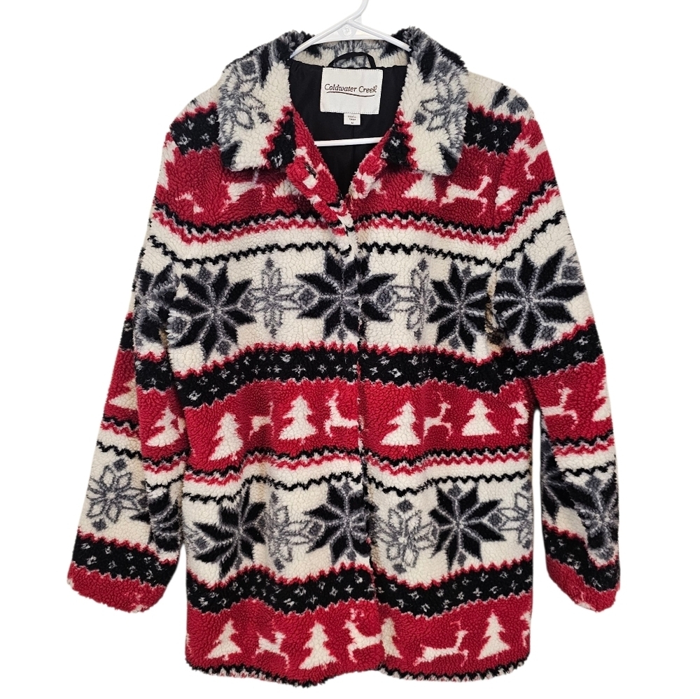 Coldwater Creek Fair Isle Mid Length Printed Teddy Jacket Holiday Tree Deer